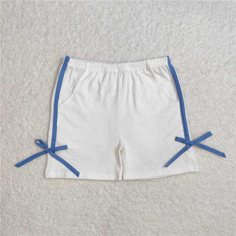 GT0941 +SS0424 Baby Girls Blue Fireworks Stars White Short Sleeve Top White Cotton Bow Sports Shorts Bottoms Set D 3.14