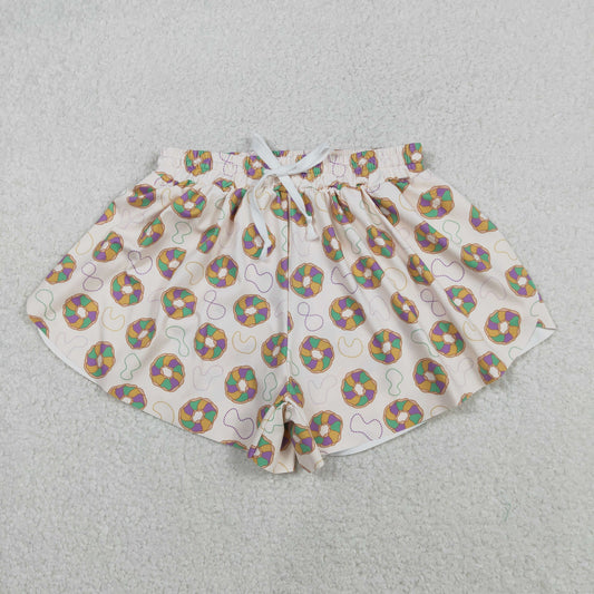 Adult Women's Mardi Gras Donut Necklaces Yoga Active Ruffle Shorts Bottoms Fashionable Workout Clothing Set