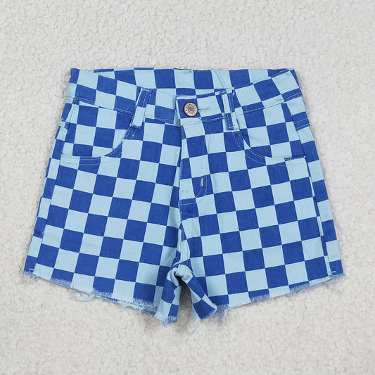 Baby Girls Blue Denim Shorts with Checked Pockets Bottom for Infants