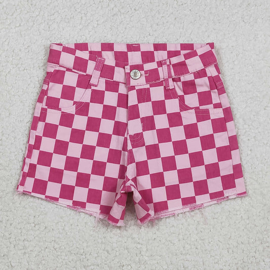 Baby Girls Pink Denim Shorts with Checked Pockets Bottom for Infants