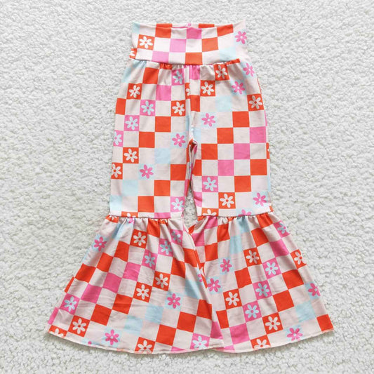 P0263 Floral orange and blue plaid beige trousers
