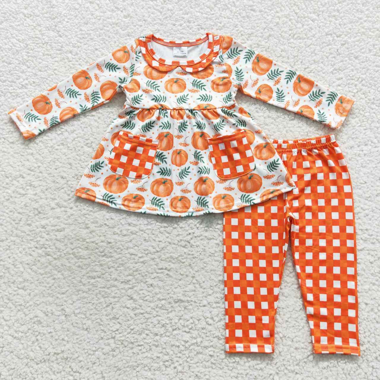 GLP0640 Pumpkin Orange Plaid Collar Pocket Long Sleeve Trouser Set