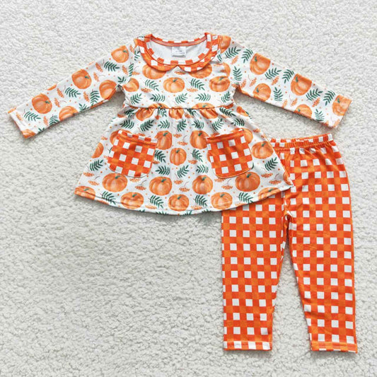 GLP0640 Pumpkin Orange Plaid Collar Pocket Long Sleeve Trouser Set