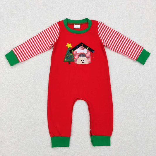 LR0659 Embroidery Stars Christmas Tree Puppy House Red Stripe Long Sleeve Bodysuit