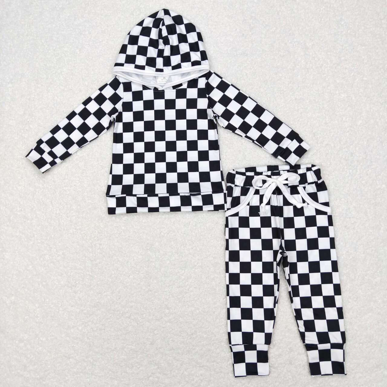 BLP0434 Black and white plaid hooded long-sleeved trousers suit