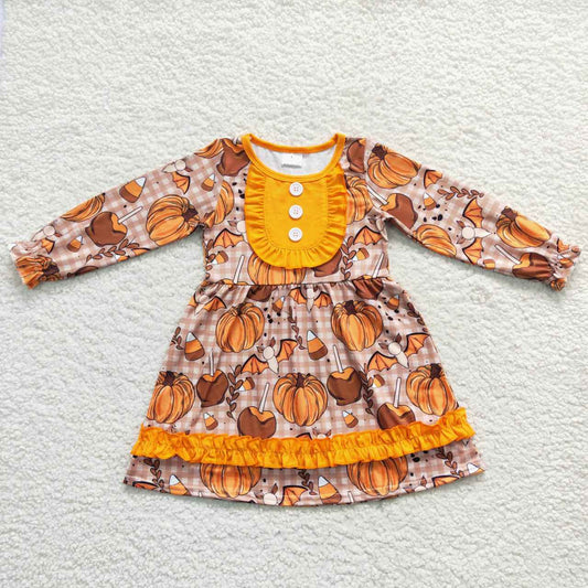 GLD0343 Pumpkin Orange Lace Brown Plaid Long Sleeve Dress