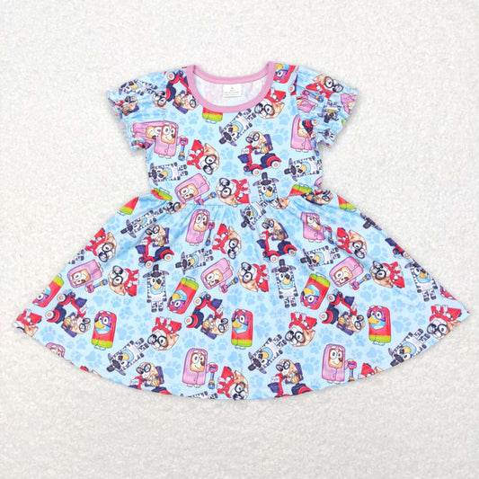 GSD0575 Cartoon dog blue short sleeve dress