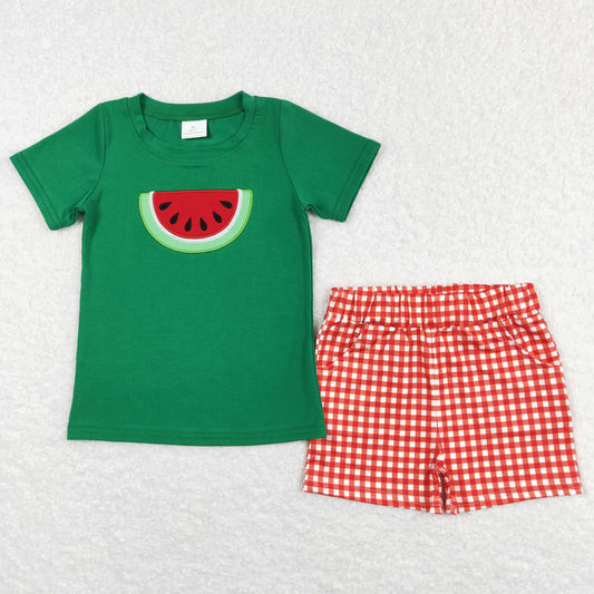 BSSO0345 Embroidered watermelon green short-sleeved red and white plaid shorts suit