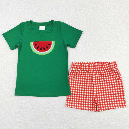 BSSO0345 Embroidered watermelon green short-sleeved red and white plaid shorts suit D 5.8