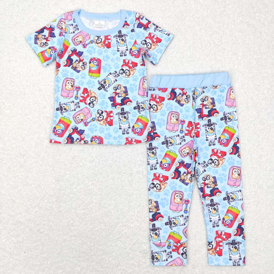 BSPO0249 Cartoon Dog Blue Short Sleeve Pants Suit