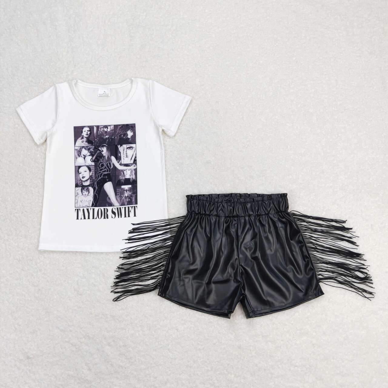 White short-sleeved black glossy leather fringed shorts set GT0530+SS0094
