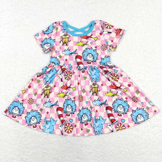 GSD0503 cartoon elephant pink plaid short-sleeved dress