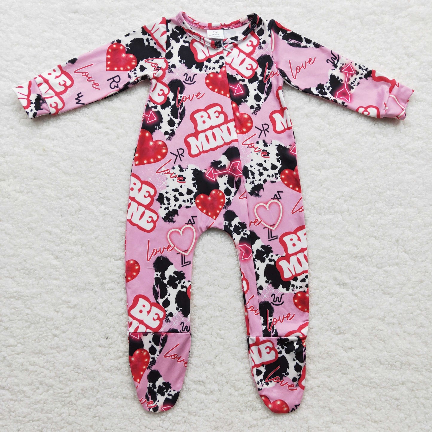 pink cow girl valentine be mine footed zip romper