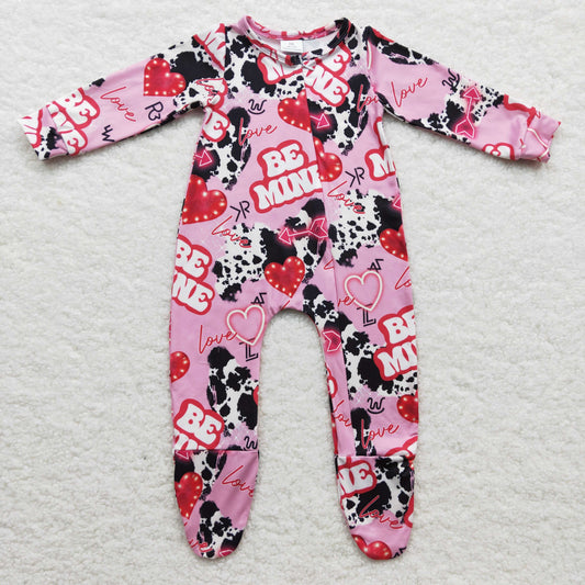 pink cow girl valentine be mine footed zip romper