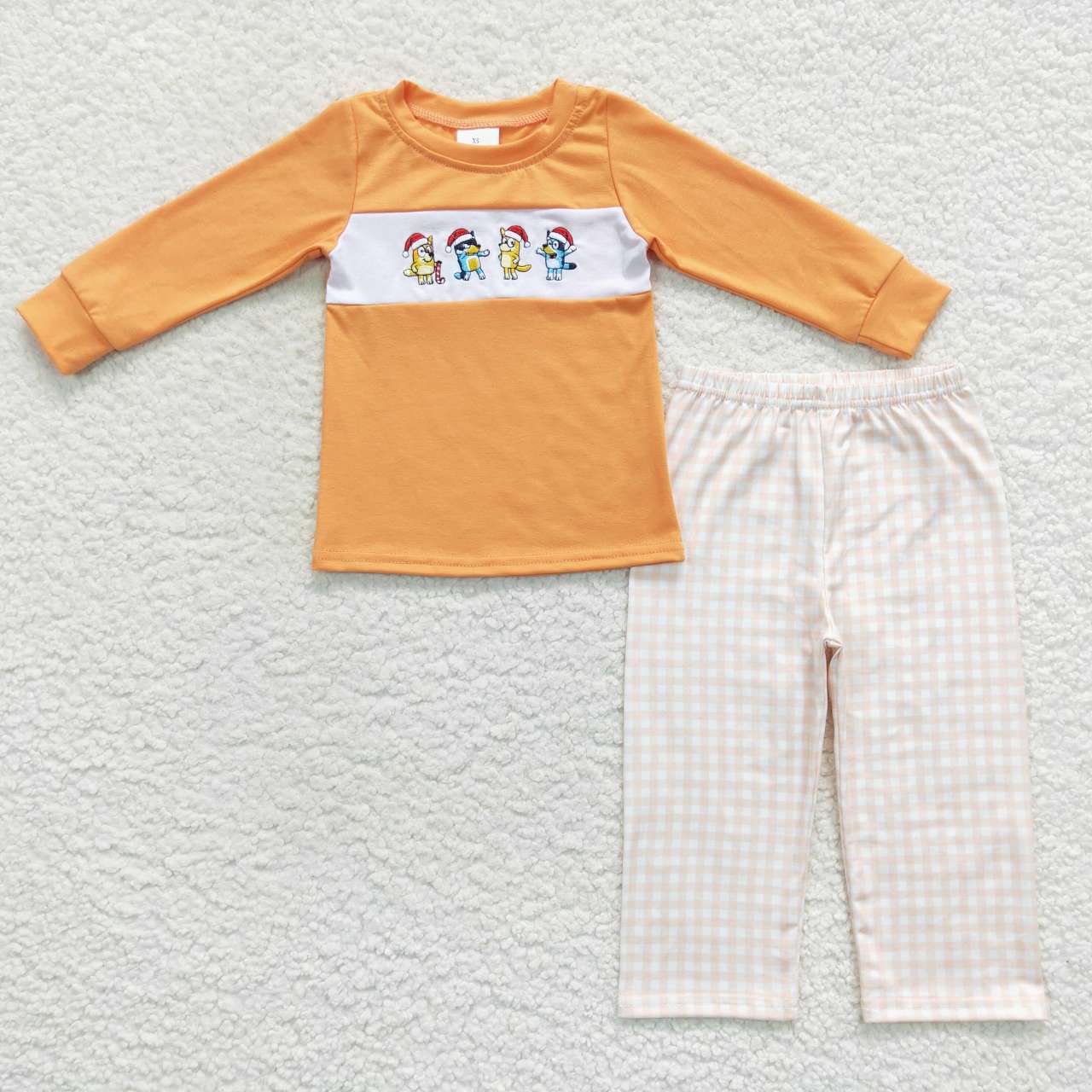 BLP0282 Cartoon Embroidered Orange Long-Sleeved Plaid Trouser Set