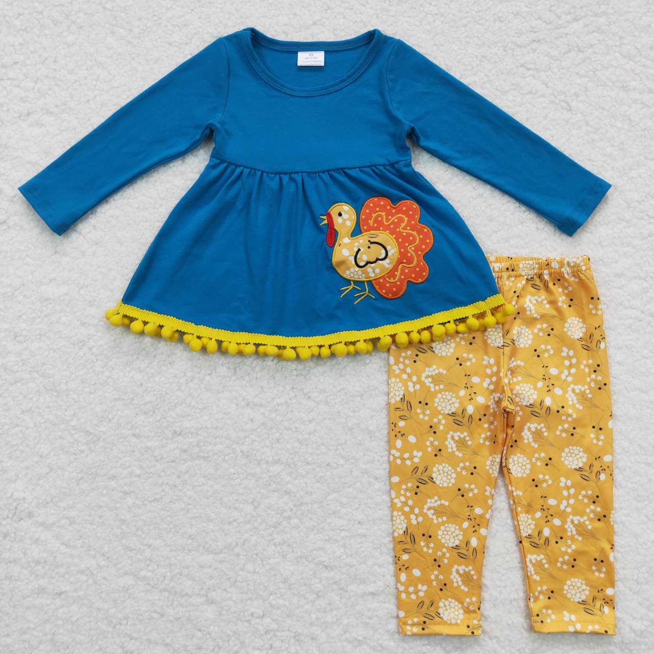 GLP0720 Embroidered Turkey Blue Long Sleeve Flower Yellow Pants Suit Three-piece Scarf Set
