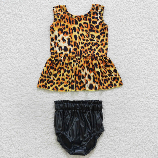 Leopard Lace Sleeveless Top +Black Leather Bummies Set GT0205+SS0105