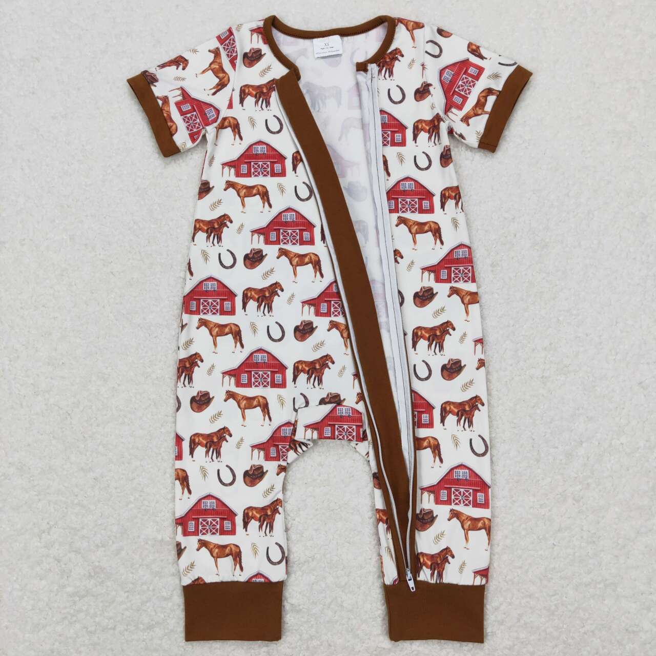 SR0509 Farm Red House Horse Brown Beige Zip Short Sleeve Jumpsuit