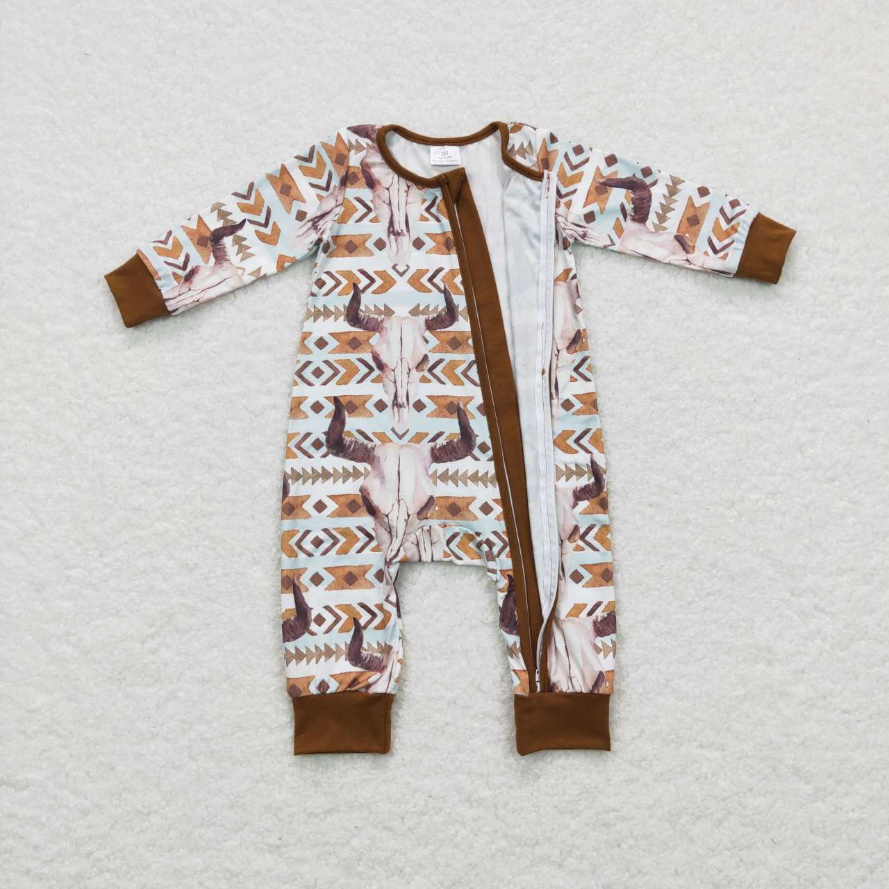 LR0674 Alpine Cow Head Arrow Geometric Brown Zip Long Sleeve Jumpsuit