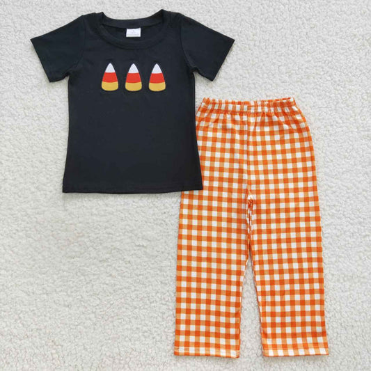 BSPO0121 Halloween Embroidered Candy Black Short Sleeve Orange Check Pants Set