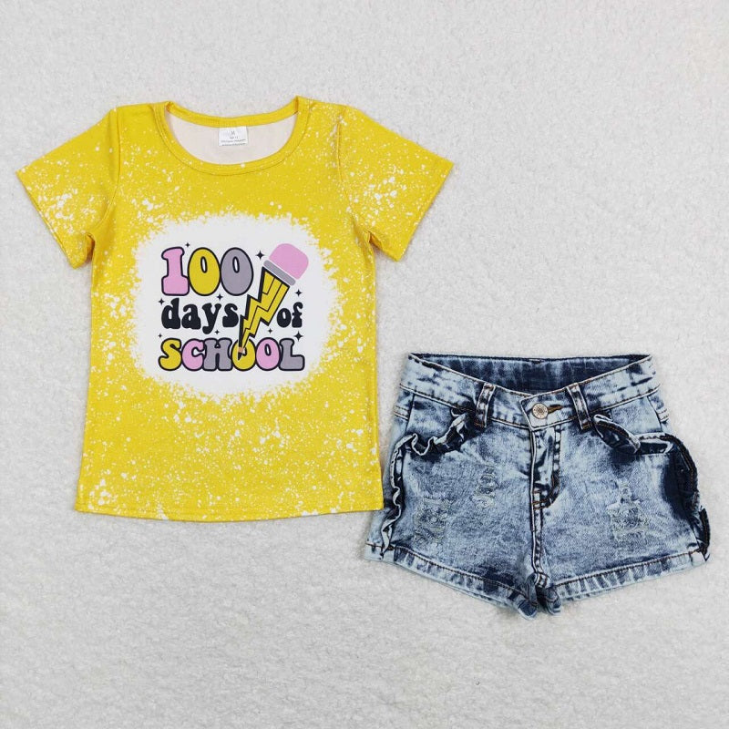 GSSO0524 Pencil yellow short-sleeved top GT0387+Girls denim light blue denim blue ripped shorts SS0011