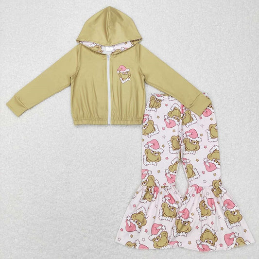 GT0339 Cartoon star green zipper hooded long sleeves+P0312 Cartoon star light color trousers