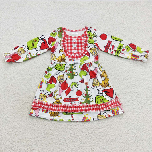 GLD0297 Cartoon grinch girl red plaid lace long sleeve dress