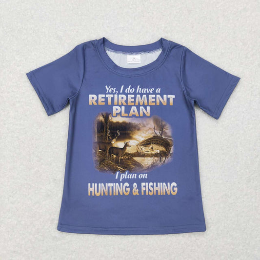 BT0415 hunting fishing letter blue short sleeve top
