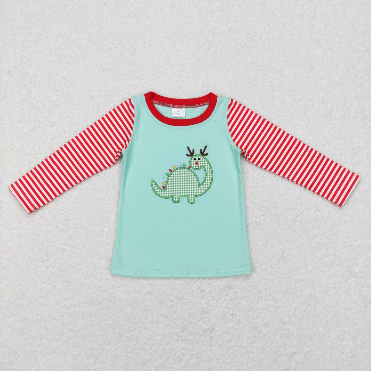 BT0422 Embroidered dinosaur red and white striped raglan green long-sleeved top