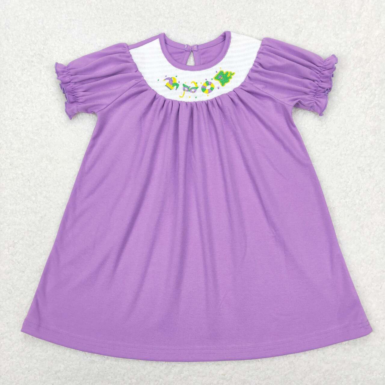 GSD0502 smocked embroidered carnival mask purple and white plaid short-sleeved dress