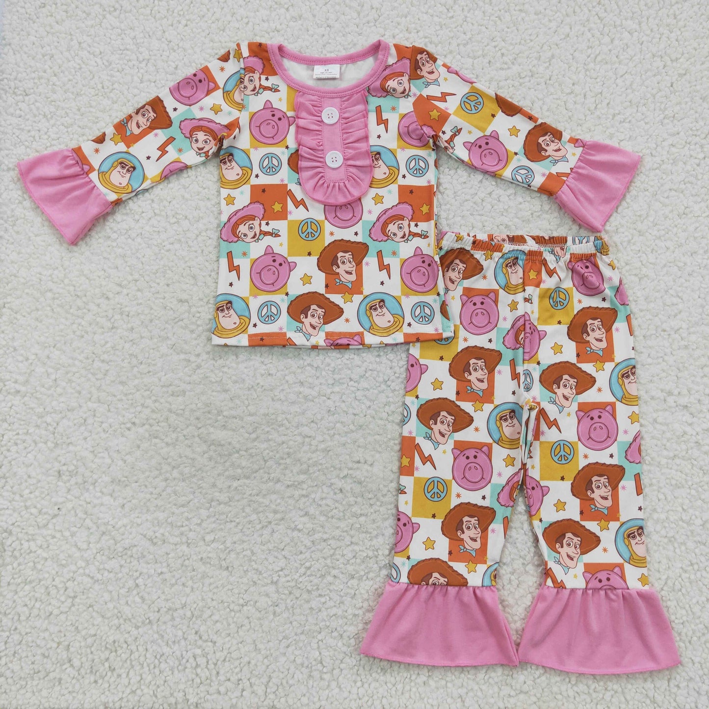 GLP0669 Cartoon girls Plaid Pink Lace Long Sleeve Pants Set