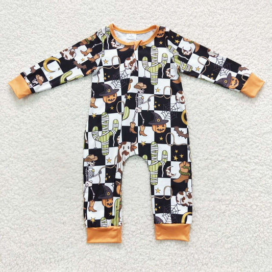 LR0404 Skeleton Cactus Pumpkin Black and White Plaid Zipper Long