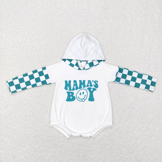LR0541 mama's boy smiley green and white plaid hooded long-sleeved jumpsuit