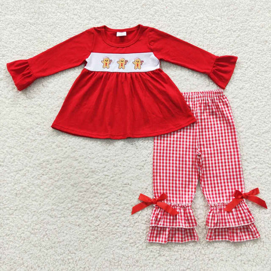 GLP0506 Embroidered Gingerbread Man Red Plaid Bow Knot Lace Long Sleeve Trouser Set