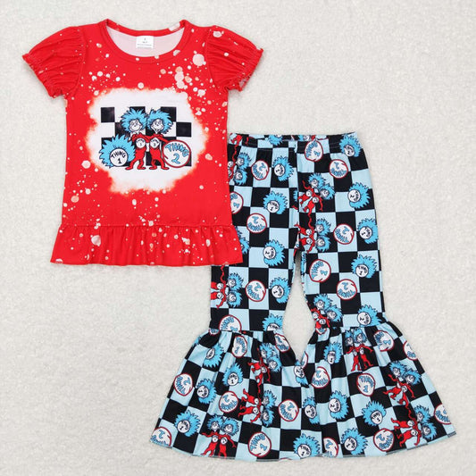 GSPO1084 dr seuss red lace short sleeve black plaid trousers suit