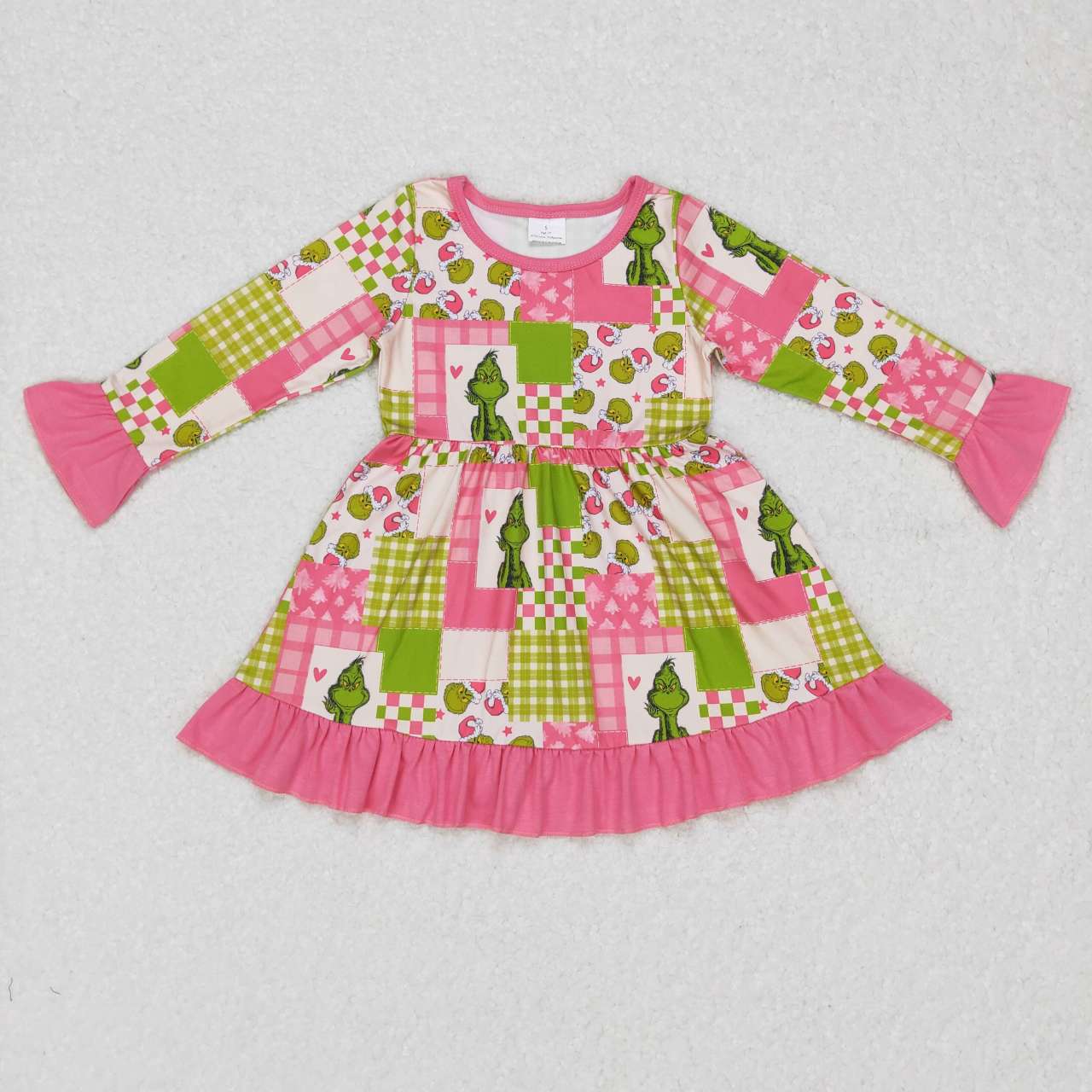 GLD0420 Cartoon red and green plaid pink lace beige long-sleeved dress