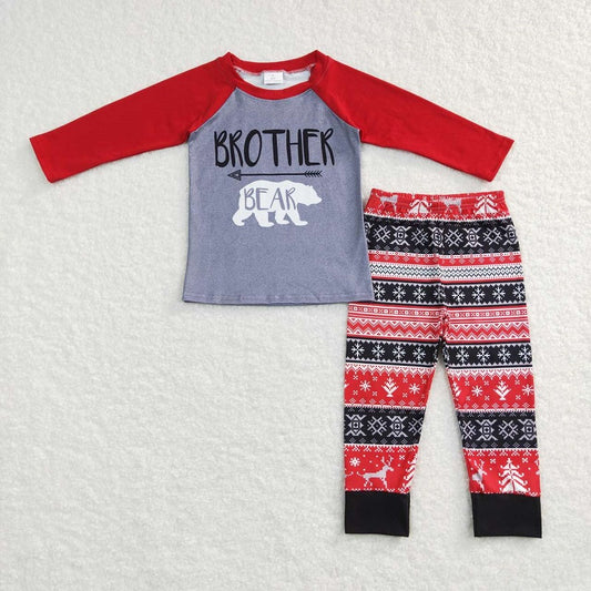 BLP0414 BT0449 brother bear polar bear red gray long sleeve top+P0342 Snowflake Reindeer Red and Black Pants Suit