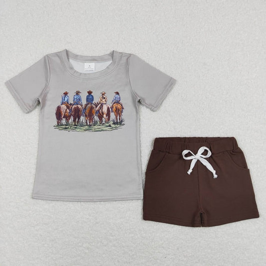 Horse riding gray green short sleeve brown pocket shorts suit BT0505+SS0134