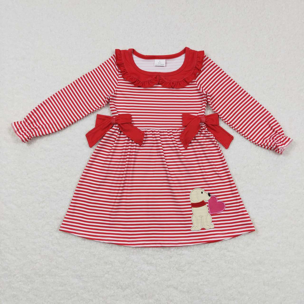 GLD0448 Embroidered puppy heart bow lace red and white striped long-sleeved dress