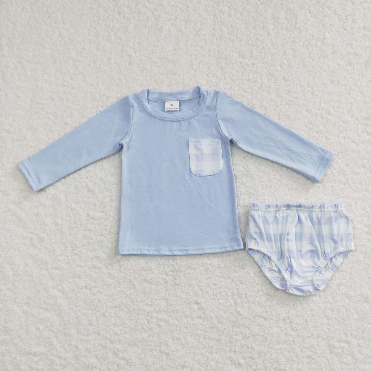 GBO0194 Plaid pocket blue long sleeve briefs suit
