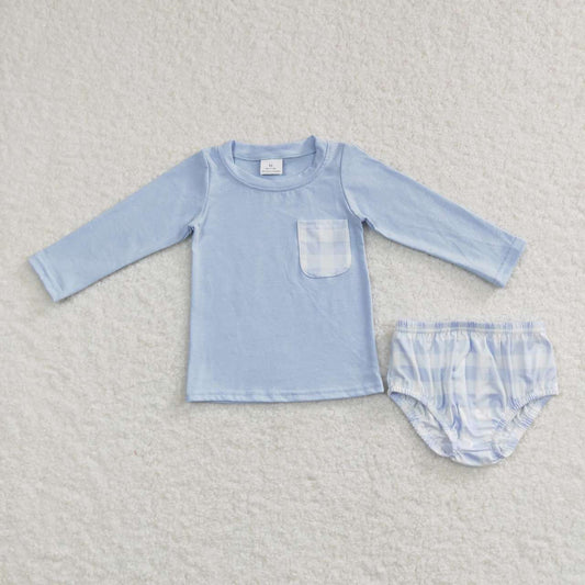 GBO0194 Plaid pocket blue long sleeve briefs suit