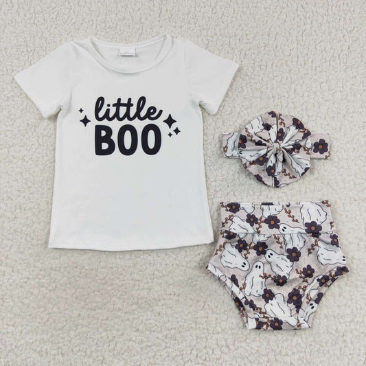 GBO0175 Girl Halloween little BOO ghost white short-sleeved briefs set
