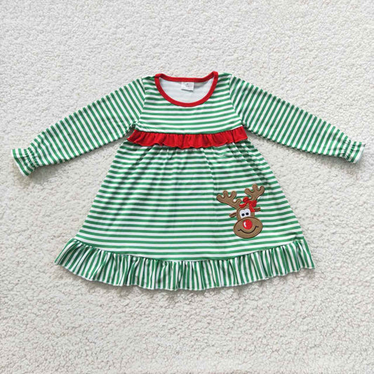 GLD0207 Embroidered Elk Green Stripe Christmas Long Sleeve Dress