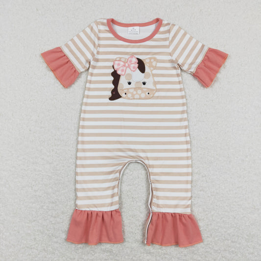 SR0674 Embroidered bow pony brown and white striped pink lace short-sleeved jumpsuit