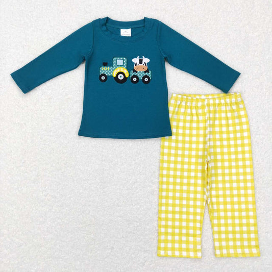 BLP0196 Embroidery Cow Tractor Yellow Plaid Green Long Sleeve Pants Suit D 1112