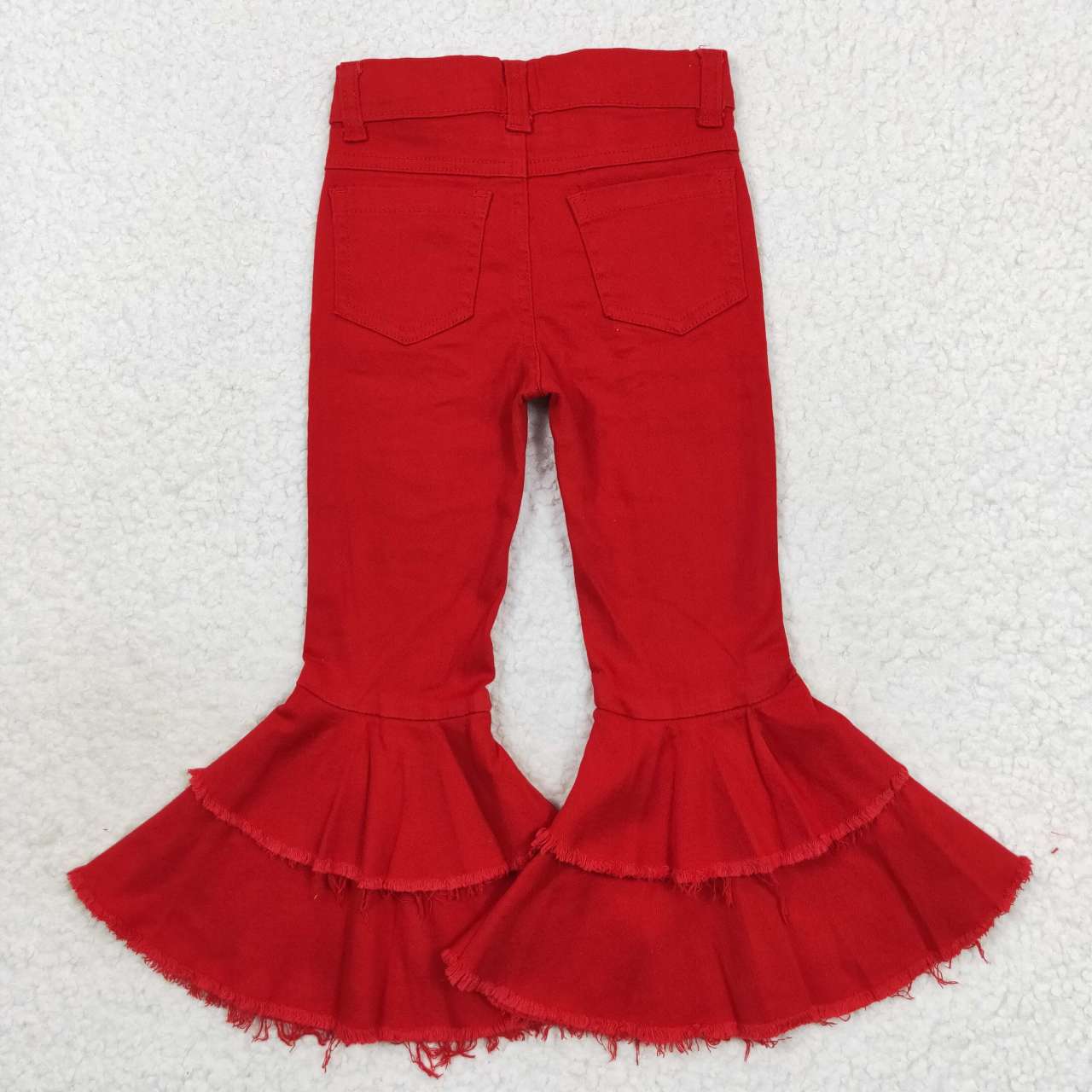 P0270 Distressed red double-flare denim trousers