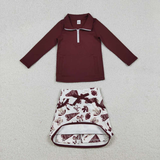 GLD1384 Baby Girls Dark Red Pullovers Bows Footballs Pockets Skorts Go Team Yoga Clothes Set    D 1209