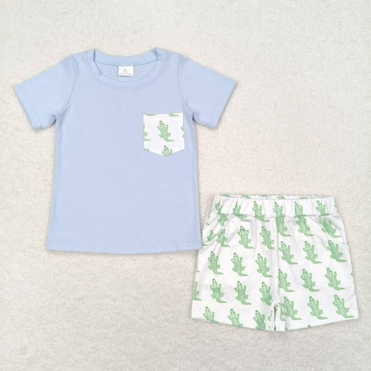 BSSO0782 Croc Pocket Blue and White Short Sleeve Shorts Set