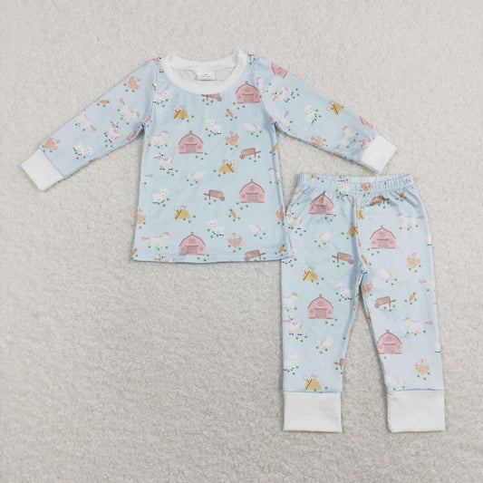 BLP0342 Farm Animals Red House Light Blue Long Sleeve Pants Suit