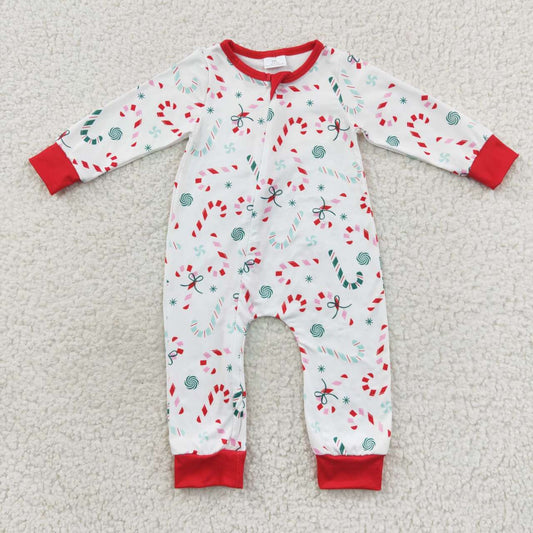 LR0506 Candy Cane Red Trim White Zipper Long Sleeve Bodysuit